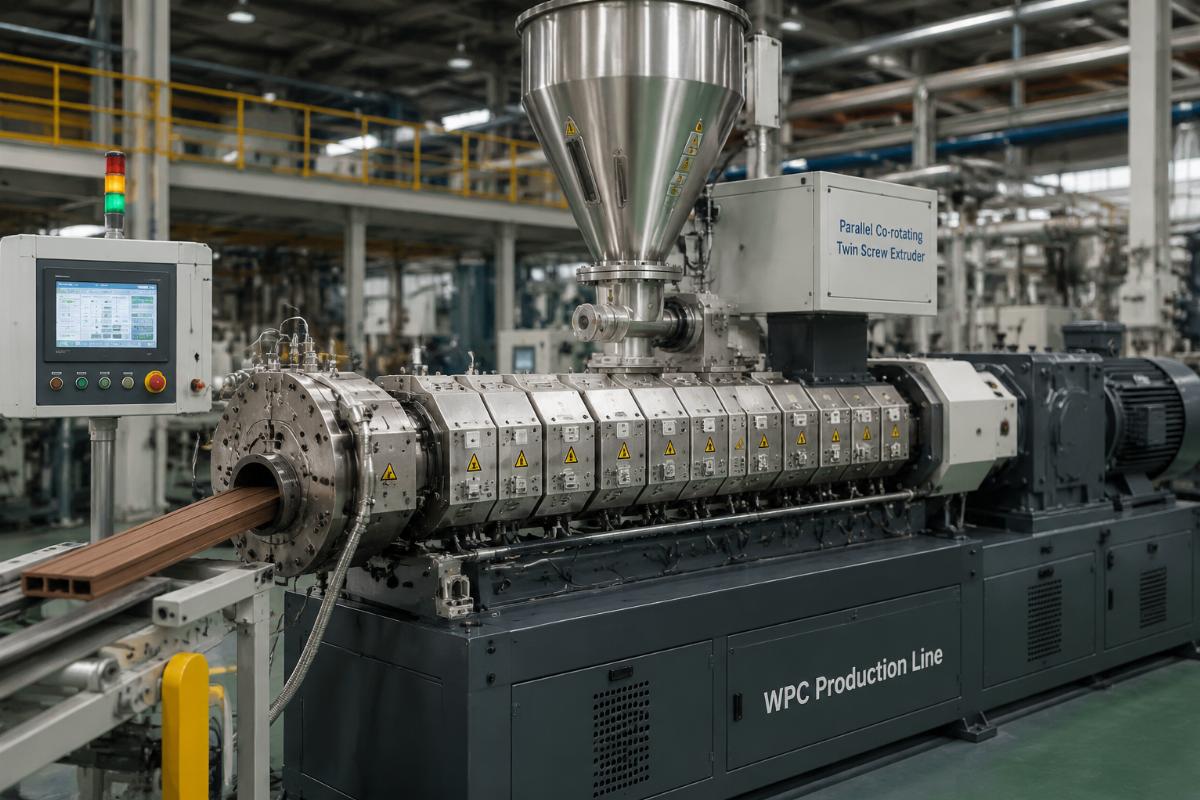 Parallel co-rotating twin screw extruder at a WPC production line