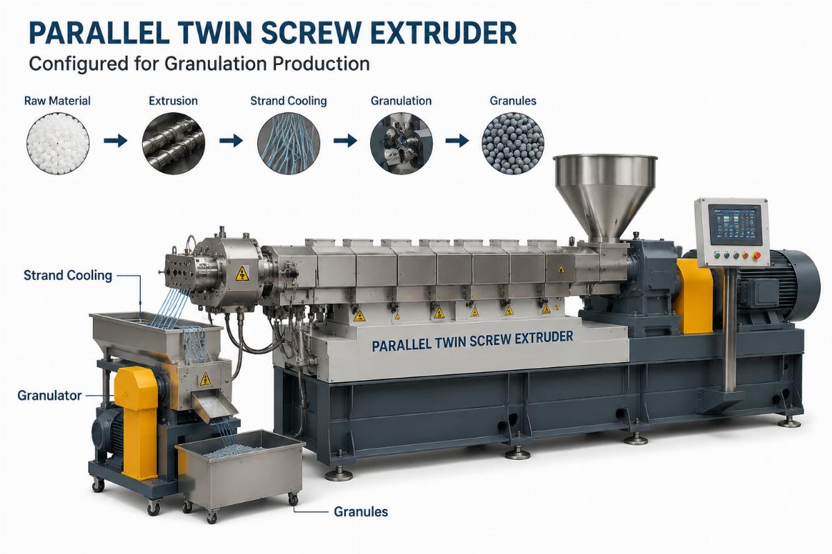 Parallel twin screw extruder configured for granulation production
