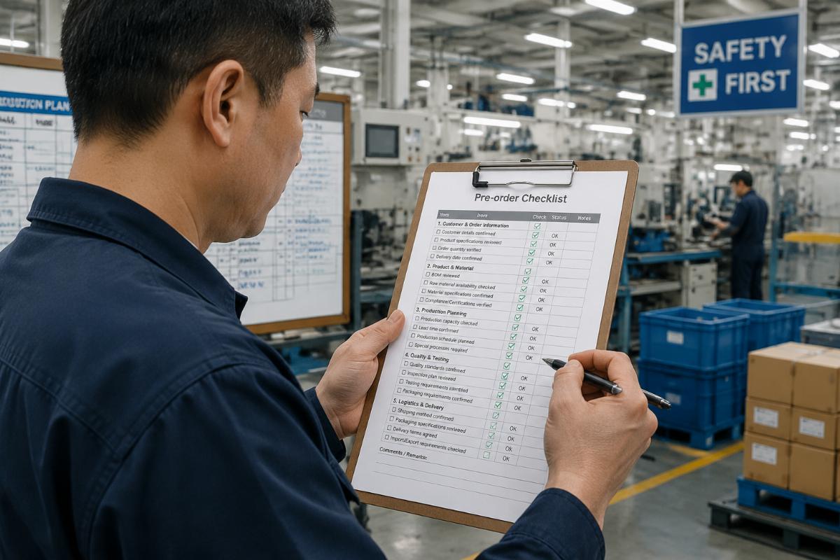 Pre-order checklist document being reviewed by a production manager on a factory floor