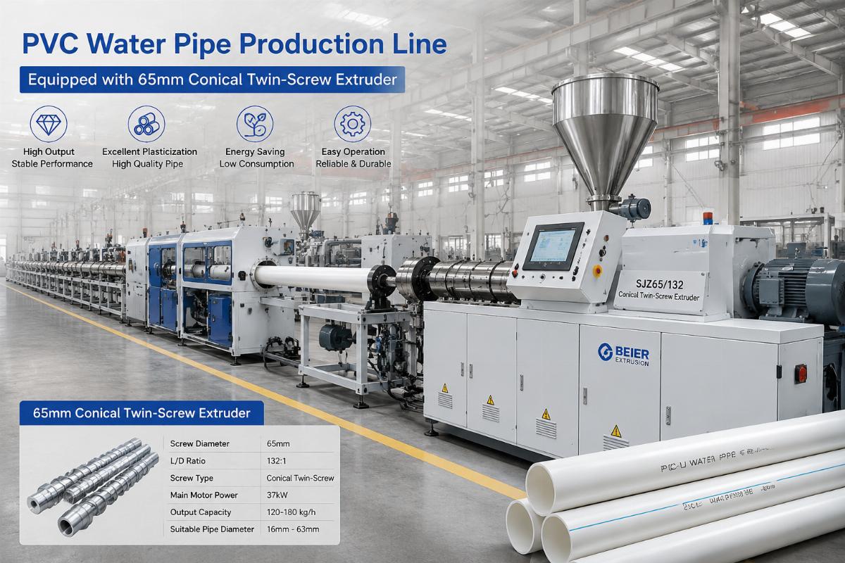 PVC water pipe production line with matched 65mm conical twin-screw extruder