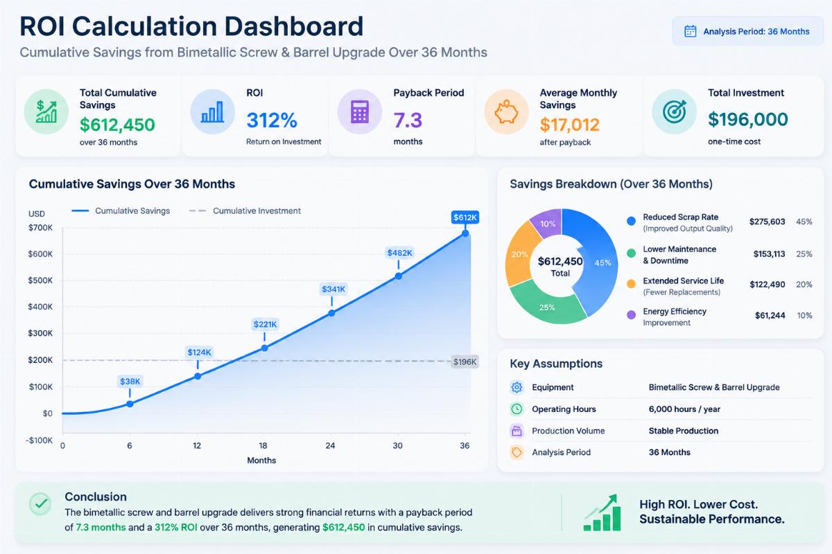 ROI calculation dashboard showing cumulative savings from bimetallic screw and barrel upgrade over 36 months