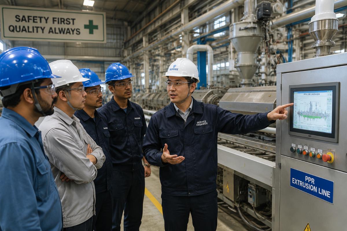 Service engineer walking a factory team through PPR line operation on site