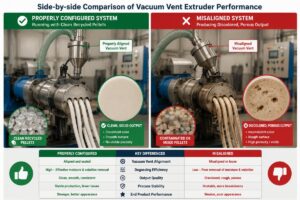Side-by-side comparison of a properly configured vacuum vent extruder running with clean recycled pellets and a misaligned system producing discolored, porous output