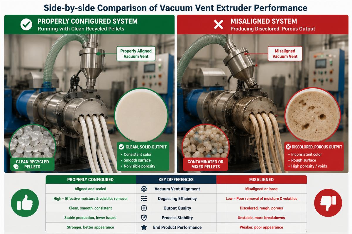 Side-by-side comparison of a properly configured vacuum vent extruder running with clean recycled pellets and a misaligned system producing discolored, porous output