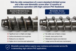 Side-by-side comparison of a worn standard nitrided screw and a like-new bimetallic screw after 12 months of continuous operation with high-calcium PVC feedstock