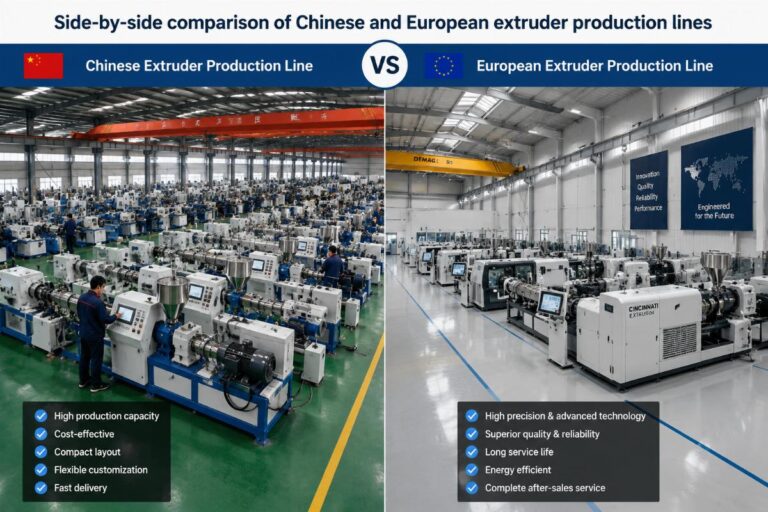 Side-by-side comparison of Chinese and European extruder production lines on a factory floor