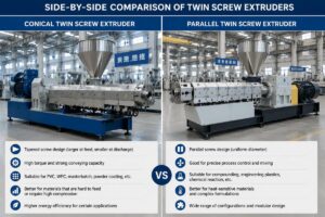 Side-by-side comparison of conical and parallel twin screw extruders on a factory production floor