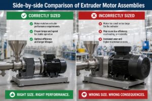Side-by-side comparison of correctly and incorrectly sized extruder motor assemblies in a production facility
