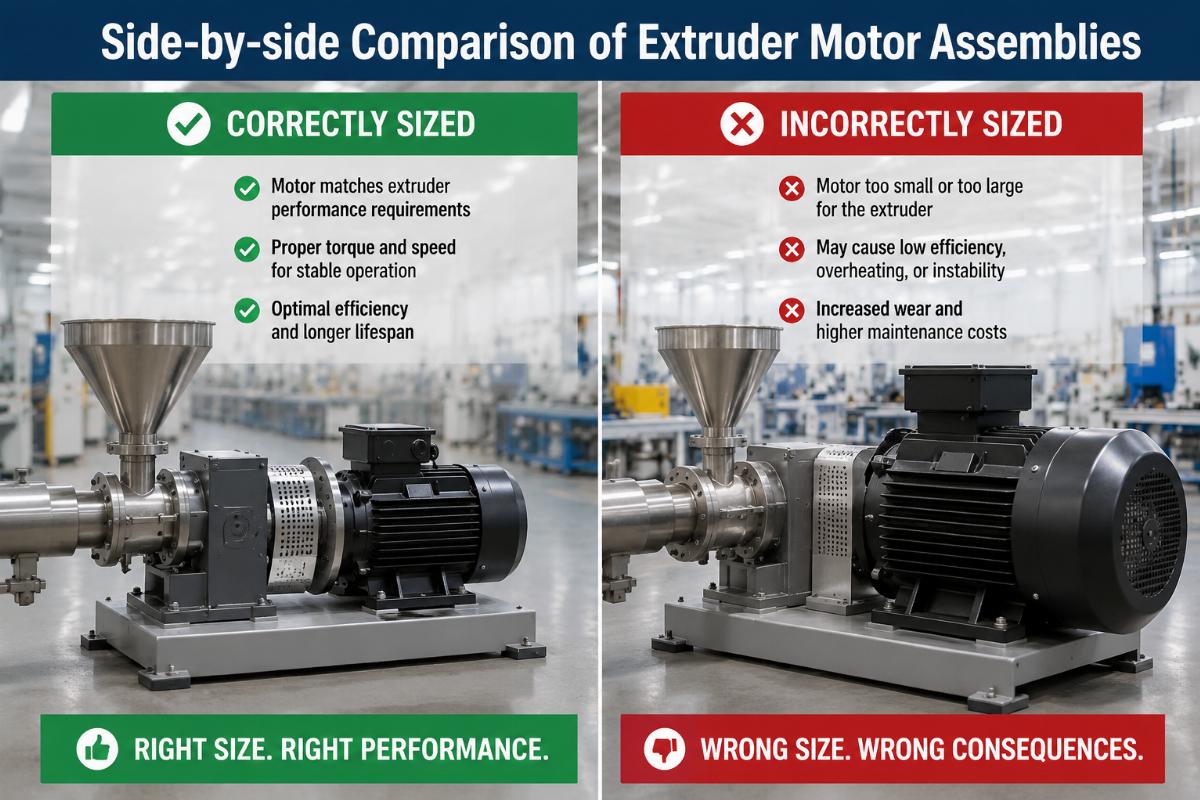 Side-by-side comparison of correctly and incorrectly sized extruder motor assemblies in a production facility