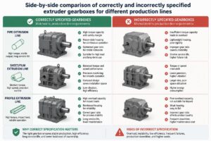 Side-by-side comparison of correctly and incorrectly specified extruder gearboxes for different production lines