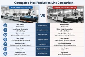 Side-by-side comparison of operational data for China and European brand corrugated pipe production lines