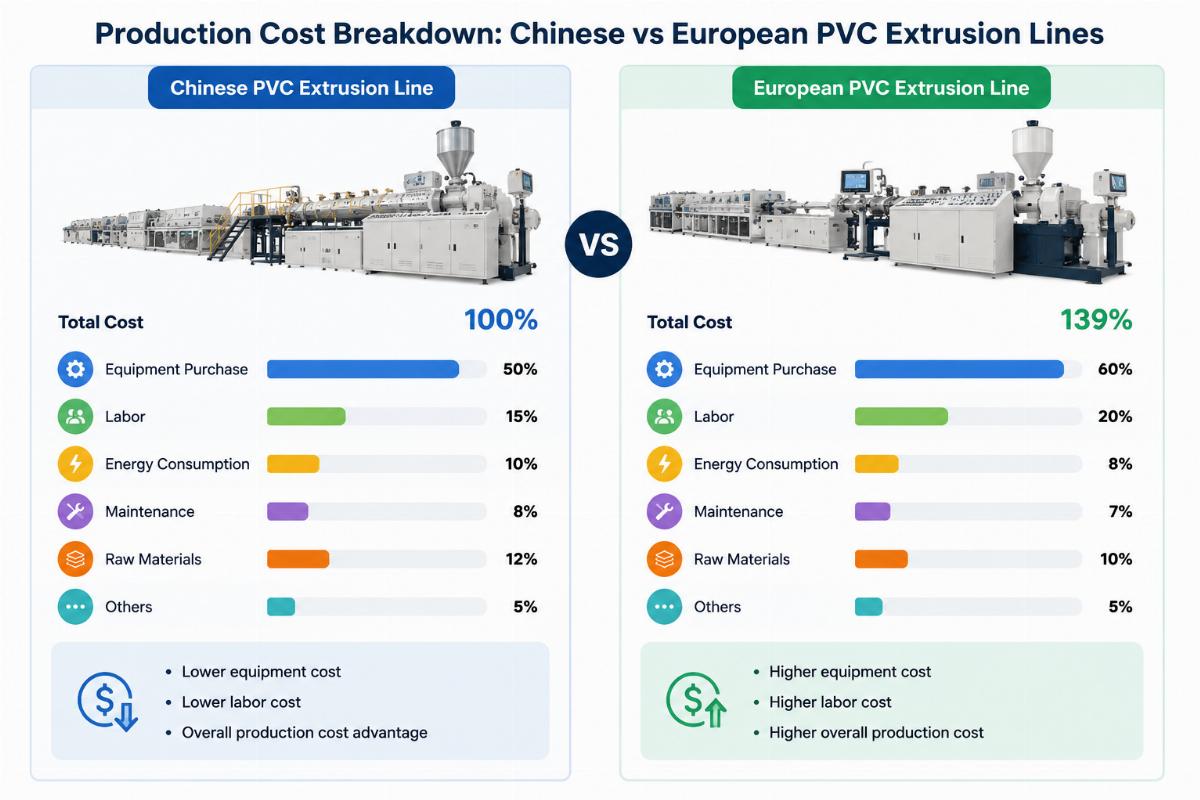 Side by side comparison of production cost breakdowns for Chinese and European PVC extrusion lines