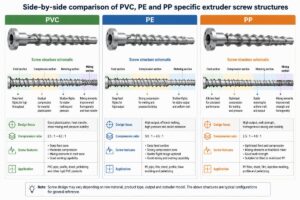 Side-by-side comparison of PVC, PE and PP specific extruder screw structures