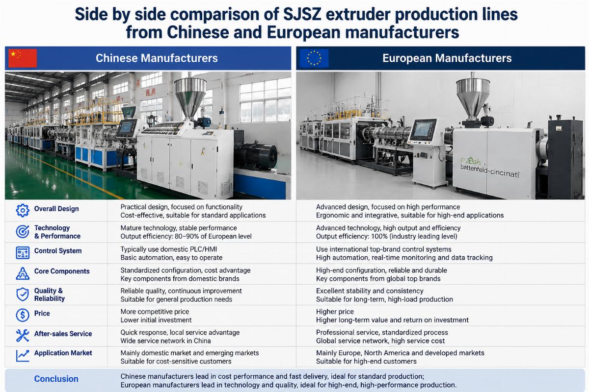 Side by side comparison of SJSZ extruder production lines from Chinese and European manufacturers