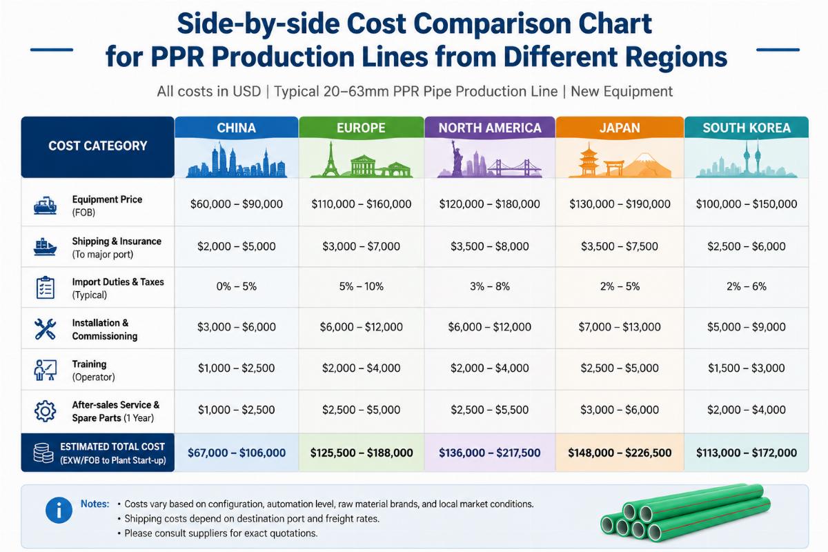 Side-by-side cost comparison chart for PPR production lines from different regions