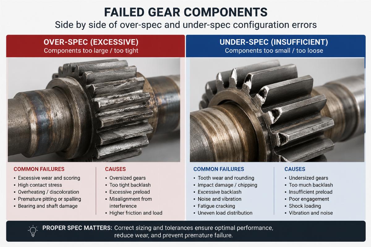 Side by side of failed gear components from over-spec and under-spec configuration errors