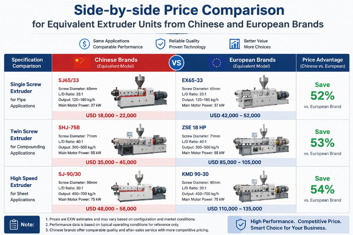 Side-by-side price comparison chart for equivalent extruder units from Chinese and European brands