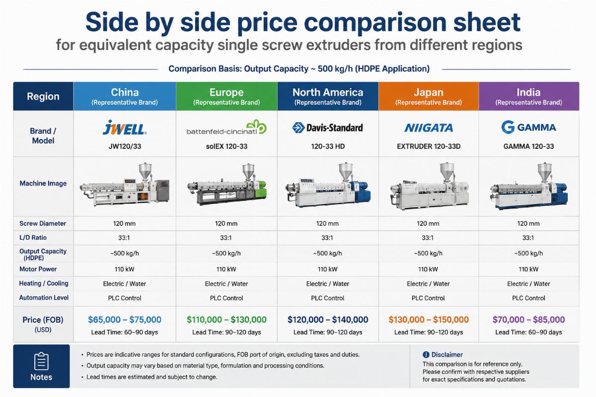 Side by side price comparison sheet for equivalent capacity single screw extruders from different regions