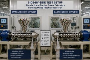 Side-by-side test setup of standard and barrier screw extruders running mixed plastic feedstock