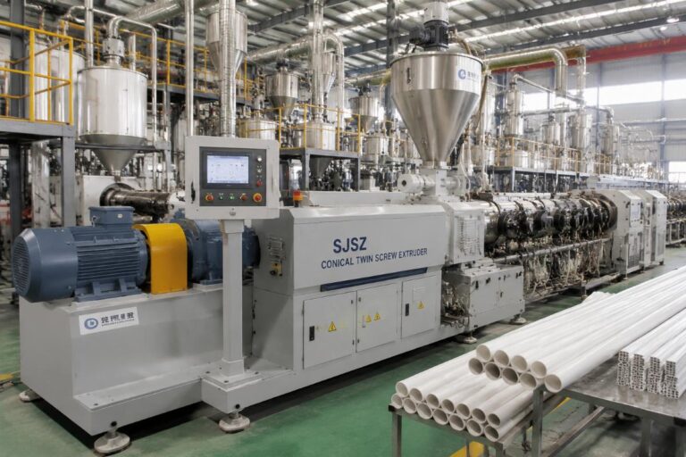 SJSZ series conical twin screw extruder installed in a PVC production facility