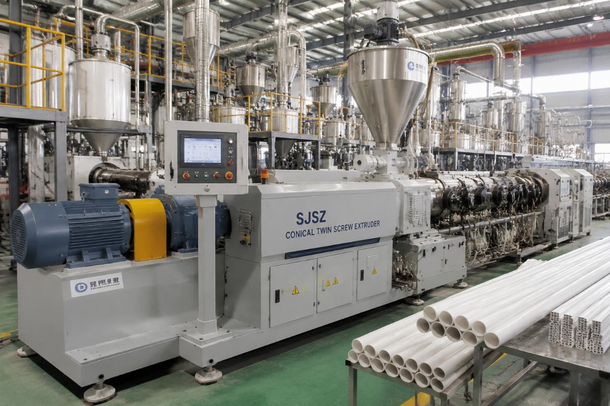 SJSZ series conical twin screw extruder installed in a PVC production facility