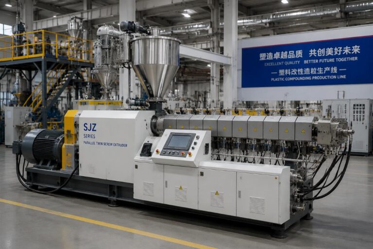 SJZ series parallel twin screw extruder installed in a plastic compounding production facility