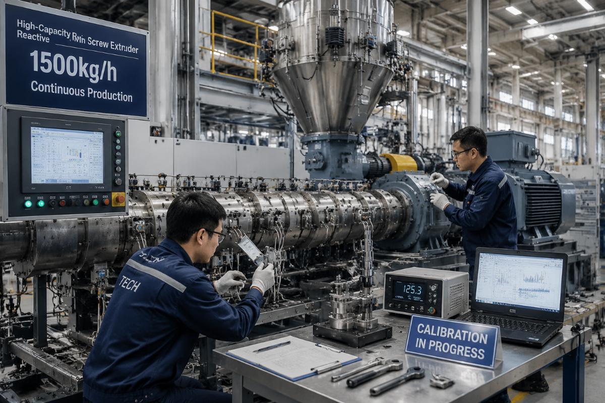 Technicians calibrating a high-capacity reactive twin screw extruder for 1500kg/h continuous production
