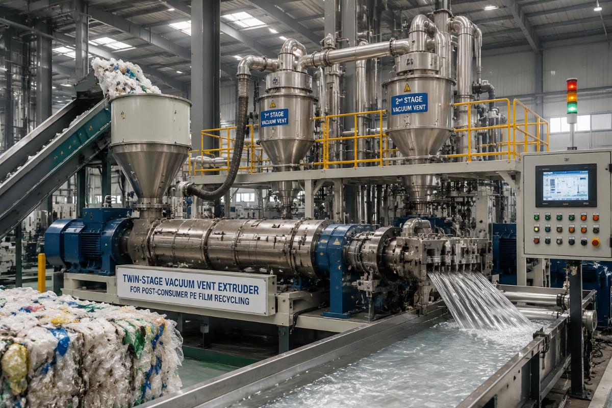 Twin-stage vacuum vent extruder running at full capacity for post-consumer PE film recycling