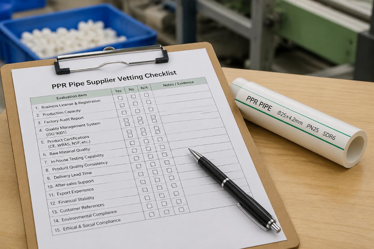 Vetting checklist laid out on a factory desk next to a PPR pipe sample
