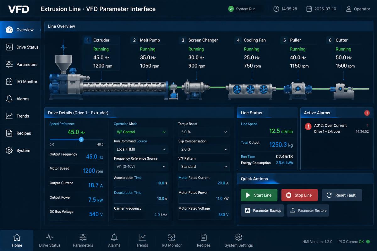 VFD parameter interface for extrusion line application